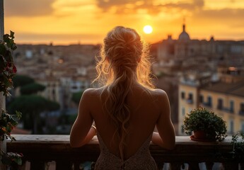 A beautiful blonde woman with long hair stands on the balcony of an ancient palace in Rome, overlooking distant buildings and lush greenery under a golden sunset sky.