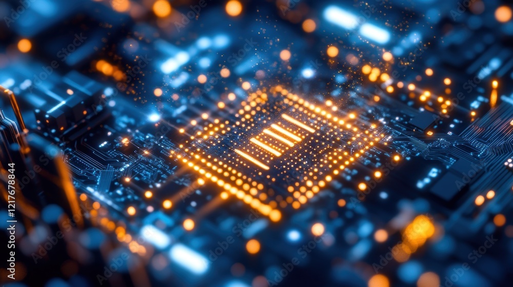 Aufkleber an intricate array of networking chips and components showcasing bright lights that blink rhythmical