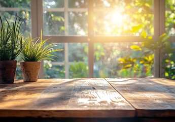 Fototapeta premium A wooden table with plants and sunlight streaming through the window, creating an inviting atmosphere for product display or branding design.