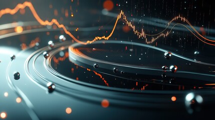 An ultra-precise abstract visualization of a stock market histogram with luminous moving curved lines and glistening data spheres scattered across a mirror-like surface