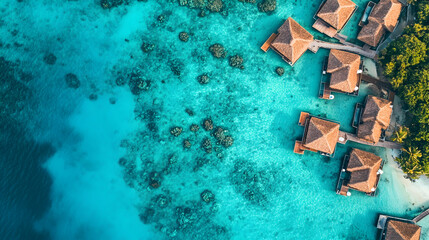 Drone photography of a tropical Fijian island resort with bungalows over clear blue water surrounded by coral reefs © Touqeer