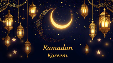 Arabic Ramadan Kareem background in text and crescent moon in a light lanterns banner.