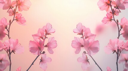 Naklejka premium Delicate cherry blossoms are arranged symmetrically against a soft pastel background, evoking the tranquility and beauty of spring. The flowers display vivid shades of pink