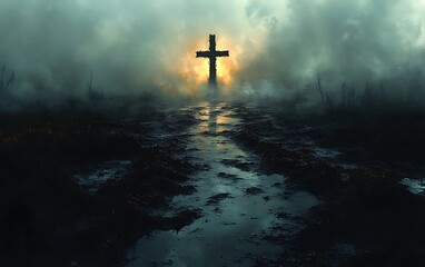 Fototapeta premium Cross Shrouded in Mysterious Mist