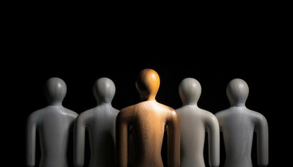 검은 배경 위에서 수많은 회색 형상들이 자리 잡고 있는 가운데, 한 인물만 황금빛을 받으며 주변과 확연히 대비된다