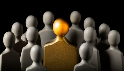 검은 배경 위에서 수많은 회색 형상들이 자리 잡고 있는 가운데, 한 인물만 황금빛을 받으며 주변과 확연히 대비된다