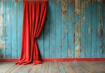 Red curtain on a blue wall, floor with worn red paint, a photography backdrop in the boho style