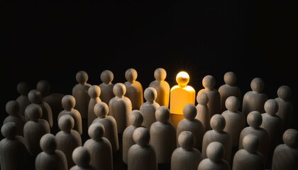 검은 배경 위에서 수많은 회색 형상들이 자리 잡고 있는 가운데, 한 인물만 황금빛을 받으며 주변과 확연히 대비된다