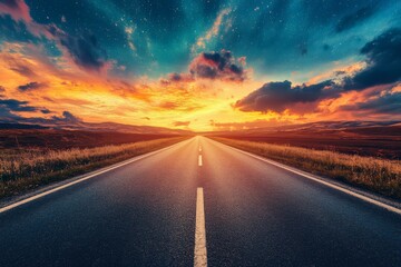 Naklejka premium Vibrant sunset painting the sky with colors over an open road stretching towards the horizon