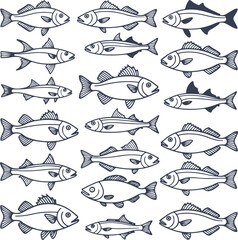 fish illustrated in a flat, line art style. The fish should be diverse in shape and size, showcasing unique characteristics such as fins, scales, and facial features 7.eps