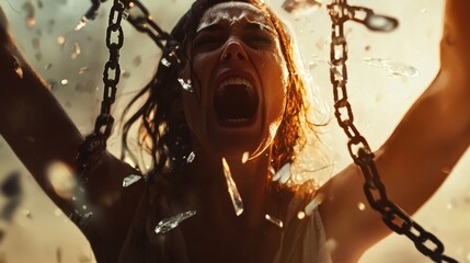 A woman expresses raw emotion while breaking free from chains in an intense backdrop filled with light and shards of glass. Her fierce determination captures a powerful struggle for freedom