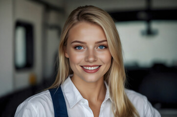 Fototapeta premium Portrait of a young female Car mechanic in the workplace.