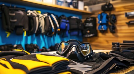 Diving equipment arranged at a dive shop. Featuring a wetsuit, mask, and fins. Highlighting the preparation for diving. Ideal for underwater adventure blogs and diving guides.
