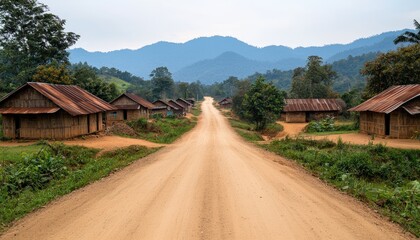 Scenic Dirt Road Through Rural Village Surrounded by Mountains