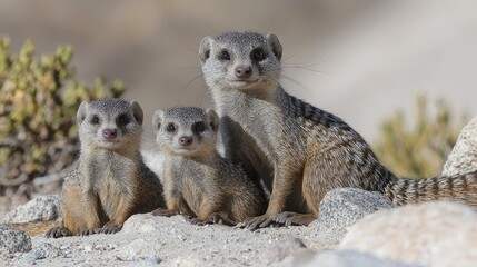 Obraz premium Three Young Meerkats Resting On Rocks