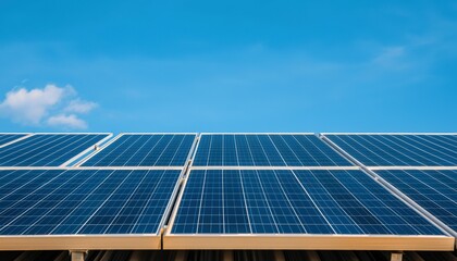 Solar Panel Array on Rooftop Under Bright Blue Sky with Clouds
