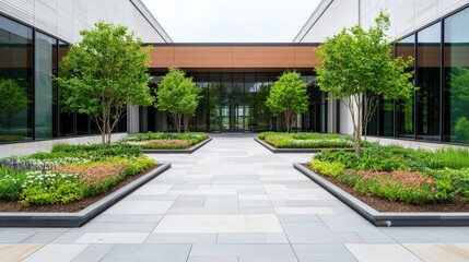 Tranquil Modern Courtyard with Greenery and Paved Walkway