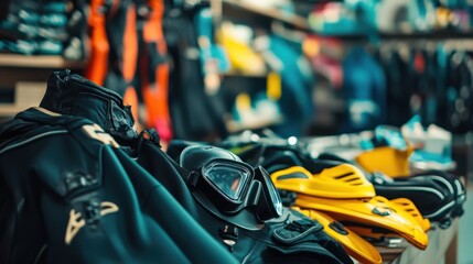 Diving equipment arranged at a dive shop. Featuring a wetsuit, mask, and fins. Highlighting the preparation for diving. Ideal for underwater adventure blogs and diving guides.