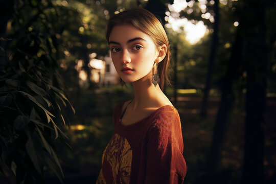A young woman with light brown hair stands in a wooded or garden setting, wearing a burgundy t-shirt. The background is dark and leafy