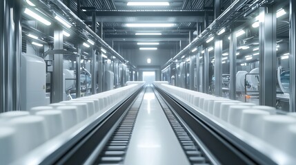 Naklejka premium A well-lit industrial space is visible with a long conveyor belt carrying white packages. Equipment is organized along the sides, allowing for efficient operations in the facility