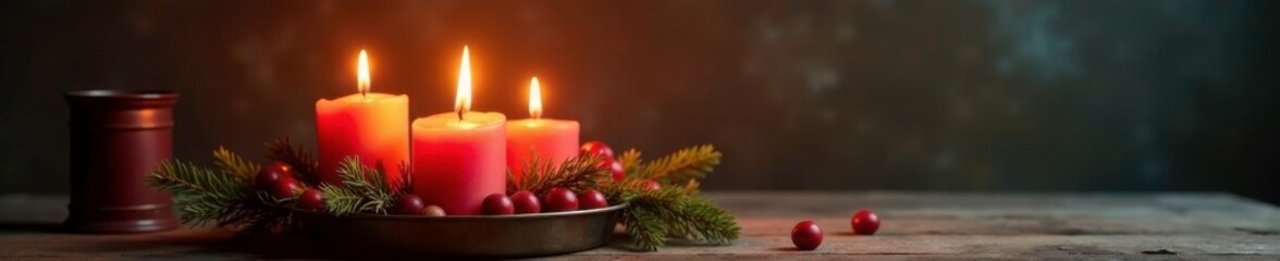 Four burning advent candles in a metal lantern, advent, rustic, candle