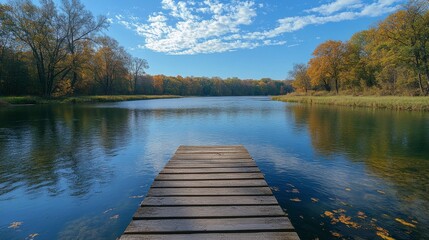 Serenity at the wooden dock on a calm river surrounded by autumn foliage in a forested area