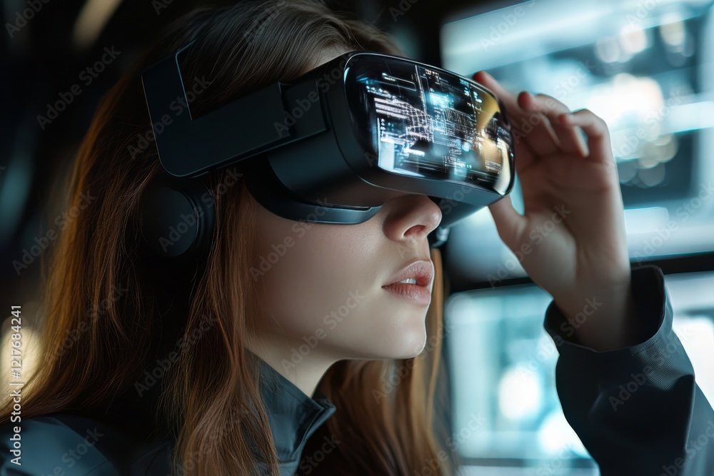 Poster virtual reality experience with advanced headset in dimly lit setting