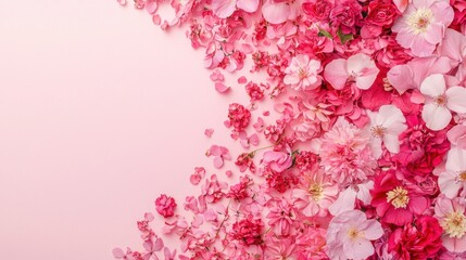 A delightful array of pink flowers occupies the corner of a pastel-colored surface, showcasing various petals and blossoms that evoke a sense of tranquility and beauty