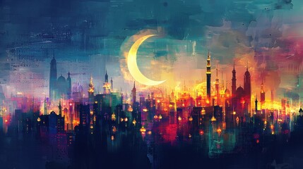 Fototapeta premium A dazzling skyline comes to life with colorful buildings illuminated by warm lights, set against a crescent moon and a twilight sky, depicting the allure of the city at dusk