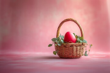 A Single Red Easter Egg Nestled in a Wicker Basket, Springtime Elegance on Pink