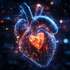 Burning Heart: An abstract 3D rendering of a beating heart, composed of glowing particles. A smaller heart within pulsates with intense energy, symbolizing love, passion, and life force.