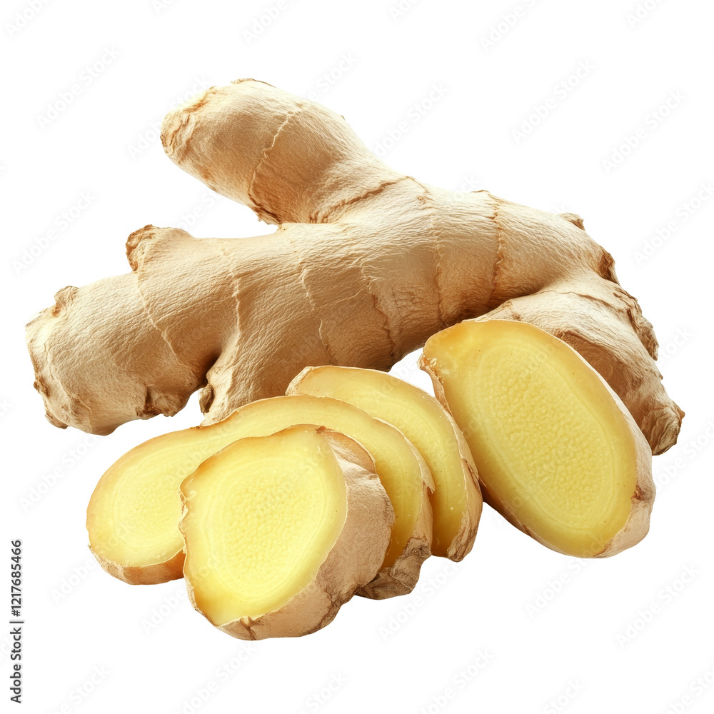 Poster fresh ginger root with sliced segments on a clean transparent background for culinary use and health