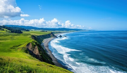 Stunning Coastal Landscape with Vibrant Green Hills and Blue Ocean