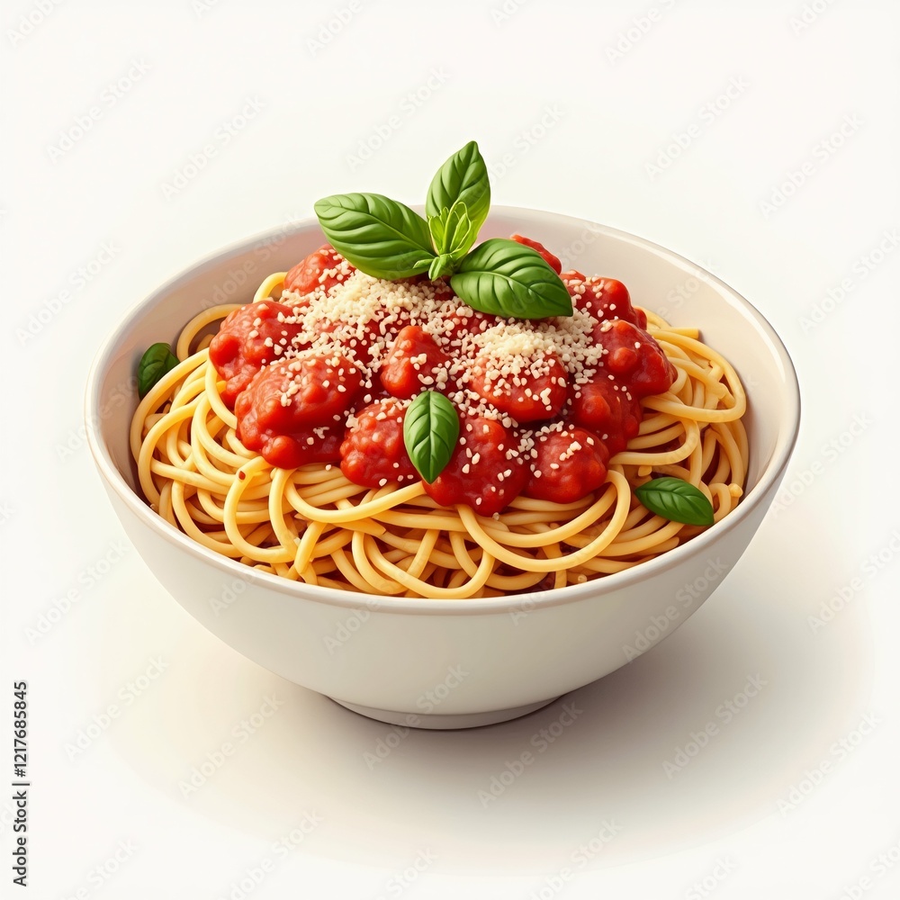 Poster the image is a 3d rendering of a bowl of spaghetti with tomato sauce and basil leaves. the bowl is w