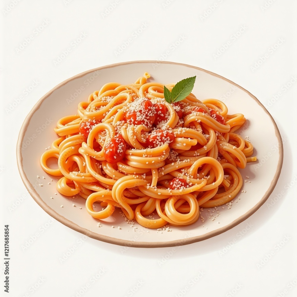 Poster the image is a 3d rendering of a plate of spaghetti. the plate is round and has a light beige color.