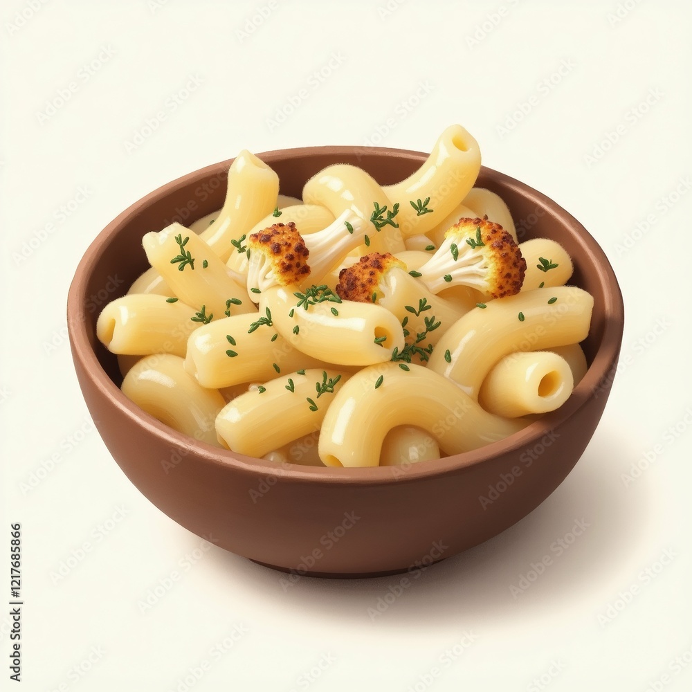Poster the image is a 3d rendering of a bowl of macaroni and cheese. the bowl is made of terracotta and is 