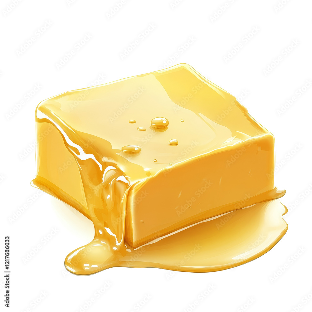 Poster melting butter on a transparent background showing smooth texture and glossy finish, a piece of melt