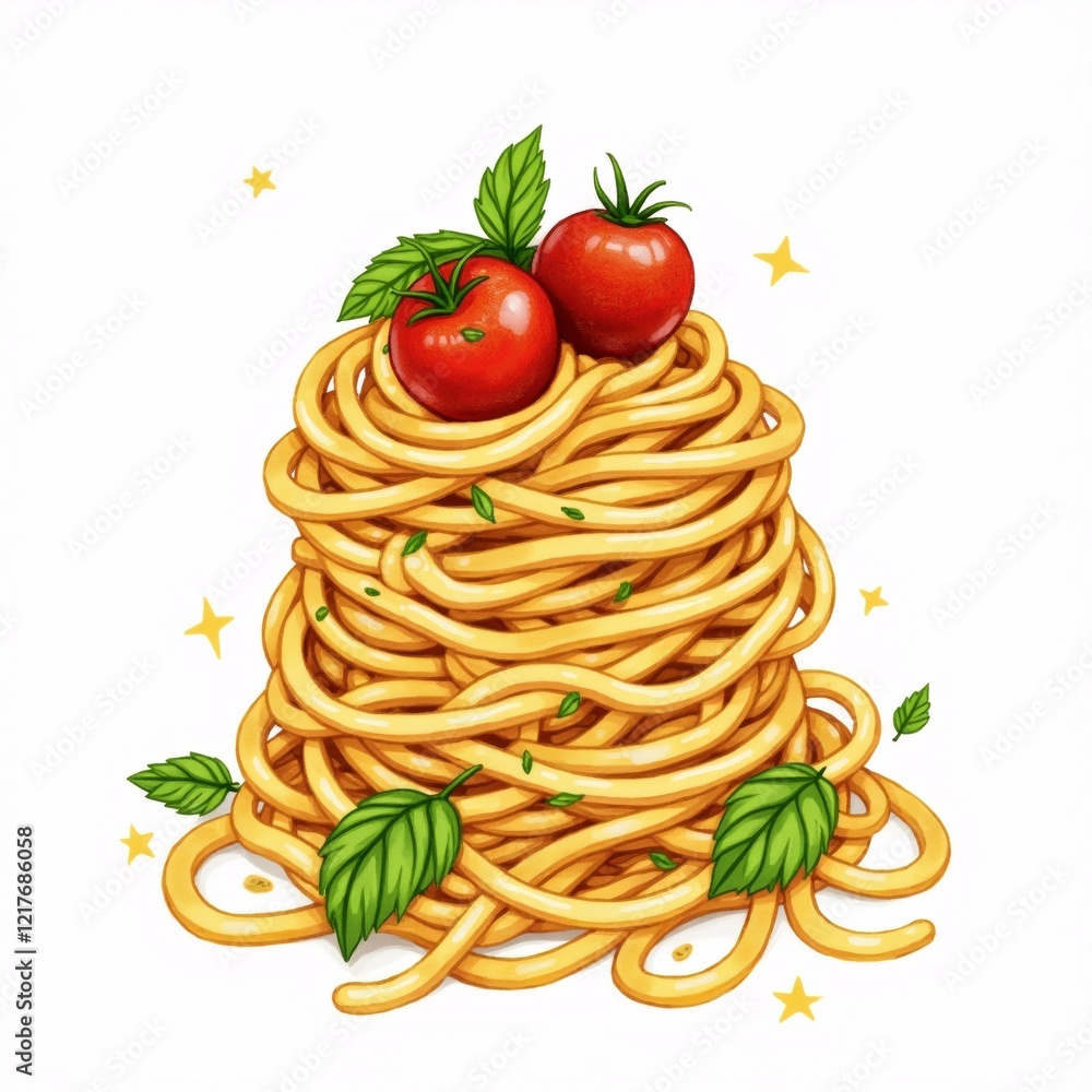 Poster the image is a digital illustration of a pile of spaghetti with two cherry tomatoes on top. the spag