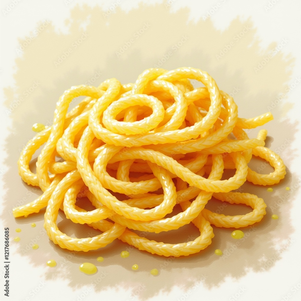 Poster The image is a digital illustration of a pile of yellow noodles. The noodles are twisted and twisted in a spiral pattern, creating a textured appearance.