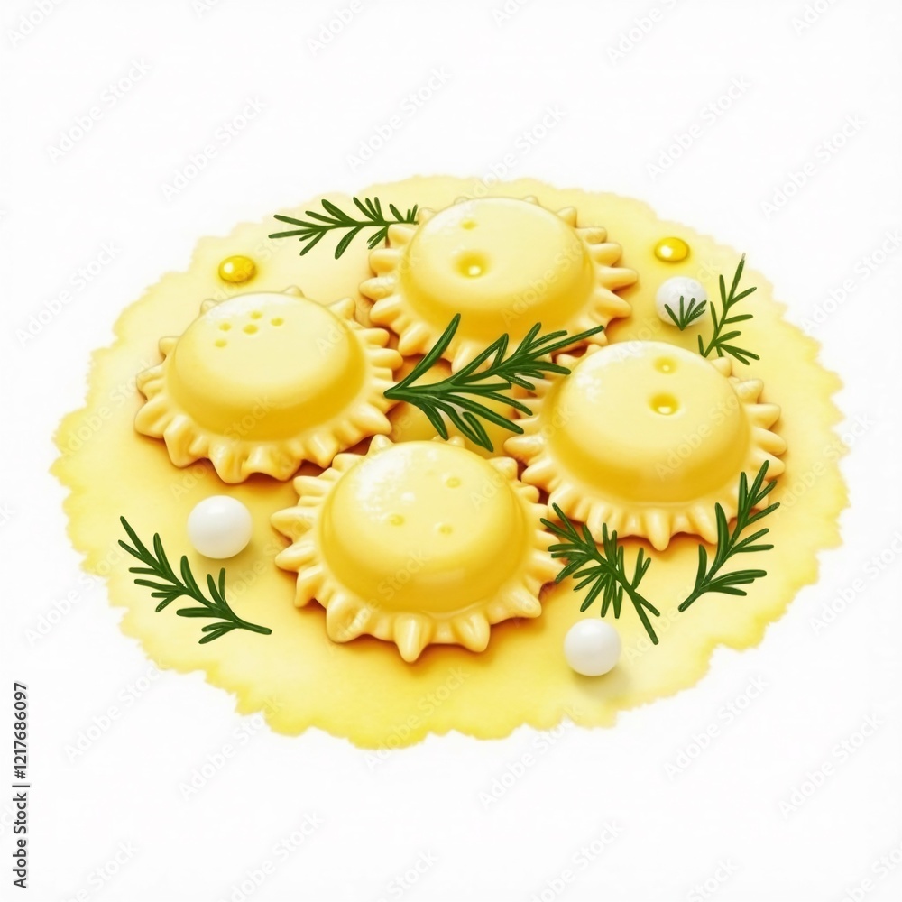 Poster the image is a digital illustration of a plate of ravioli. the raviolis are round and have a yellow 