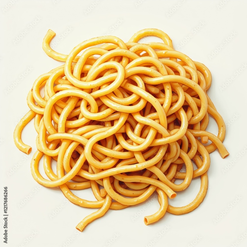 Poster the image shows a pile of yellow noodles on a white background. the noodles are twisted and tangled 