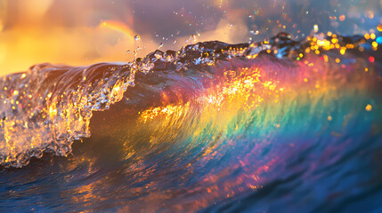 Vibrant ocean wave catching the golden light of sunset, reflecting a vivid rainbow across the sky, creating a mesmerizing scene. Rainbow Shoreline. Illustration