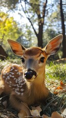 Young fawn resting on green grass in a sunny forest clearing surrounded by trees