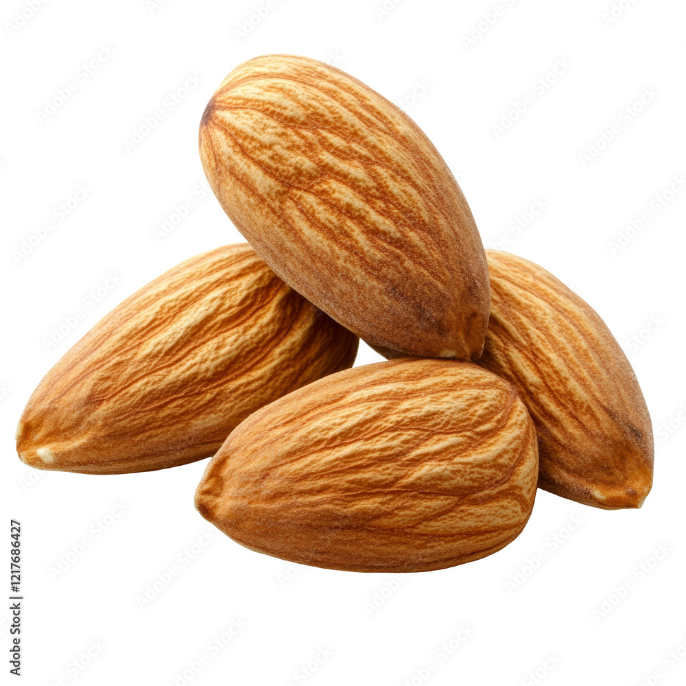 Poster a closeup view of almonds showcasing their textured shells on a plain transparent background for cle