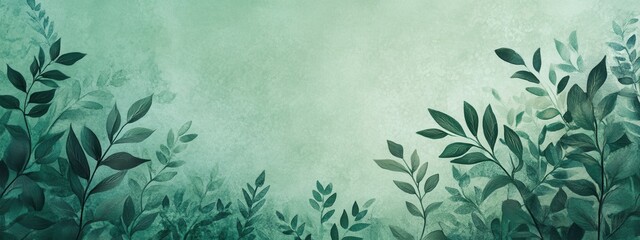 Serene Teal Watercolor Botanical Background with Lush Greenery and Leaves