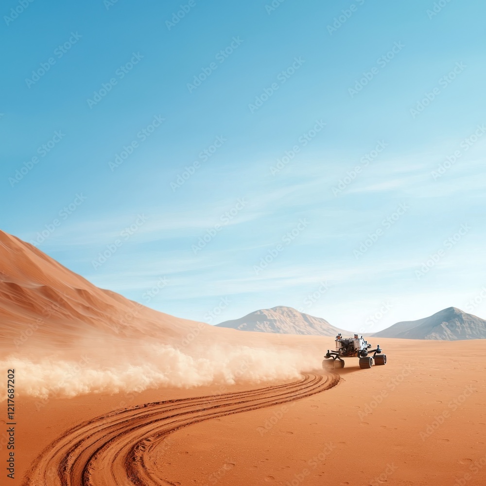 Poster mars rover exploring dusty terrain with detailed tracks and distant mountains in a clear view