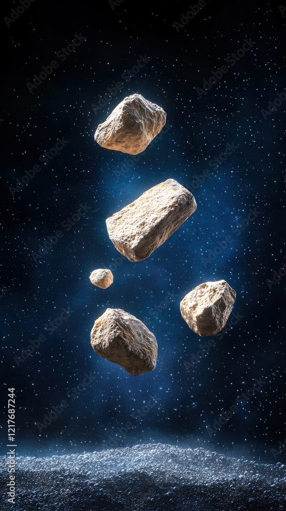 Poster asteroid field encounter dark space floating rocks cosmic environment clean perspective celestial co