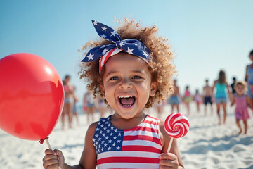 Biracial American child joyfully cheering with a patriotic balloon and lollipop at a sunny Florida beach, celebrating 4th of July excitement.