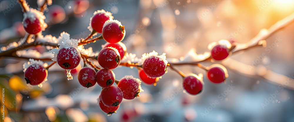Poster a branch adorned with bright red berries covered in delicate layers of snow basks in the warm glow o