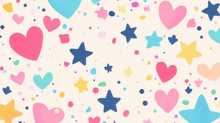 Colorful Hearts and Stars Pattern Cute Pastel Hand Drawn Background for Kids